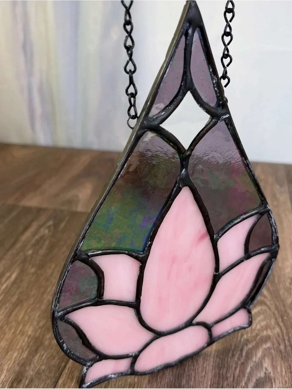 Teardrop Shaped Pink Lotus Stained Glass Sun Catcher Window Hanging 9